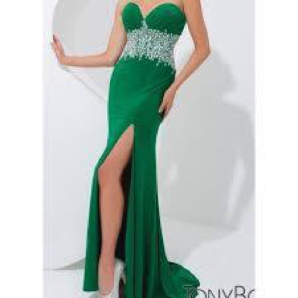 Tony Bowls Strapless Green Gown with Silver Accents